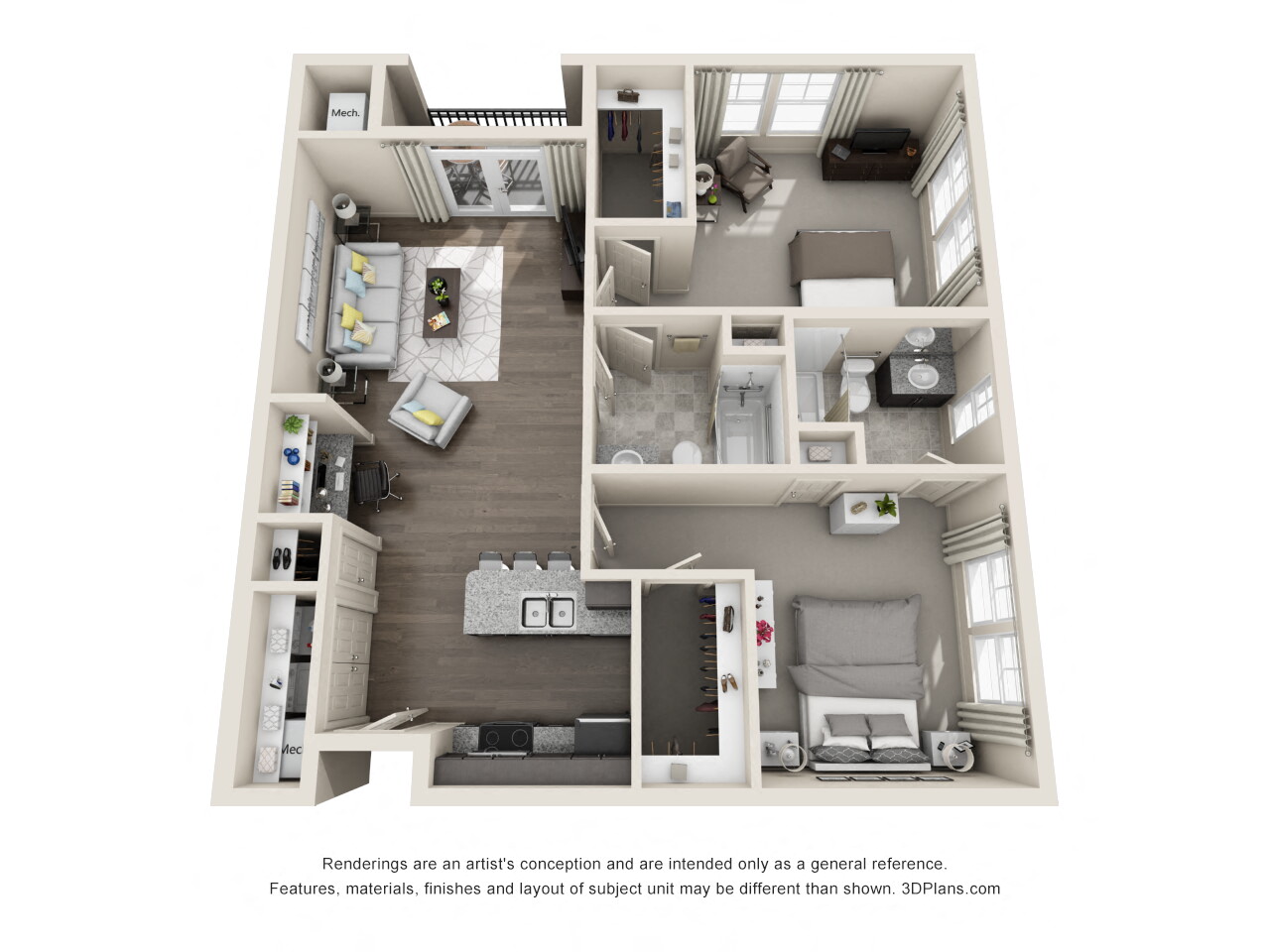 Floor plan for 2 beds, 2 baths, 1038 sqft